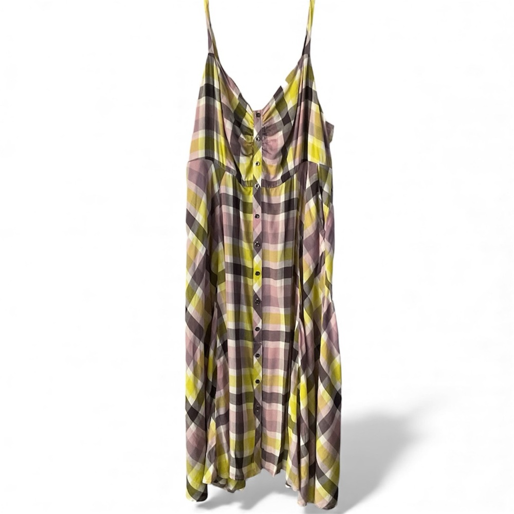 TORRID MULTI PLAID CHALLIS BUTTON FRONT MIDI Dress pockets adjustable straps EUC